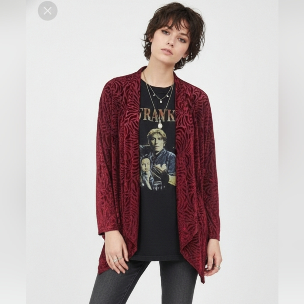 Ruby Rd. Red Velour Flocked Kimono Cardigan Jacket Sheer Boho Goth PM